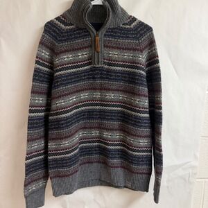 Fat Face Men Fair Isle 1/4 Zip Sweater Knit Medium Gray Blue Old Money Grandpa